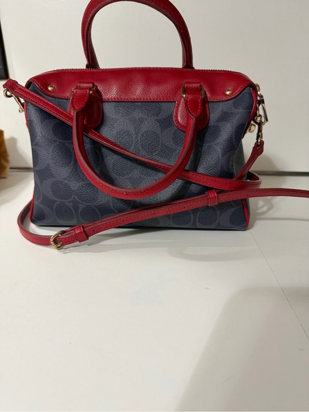 Coach Navy Signature Satchel with Red Leather Trim - Picture 2 of 5